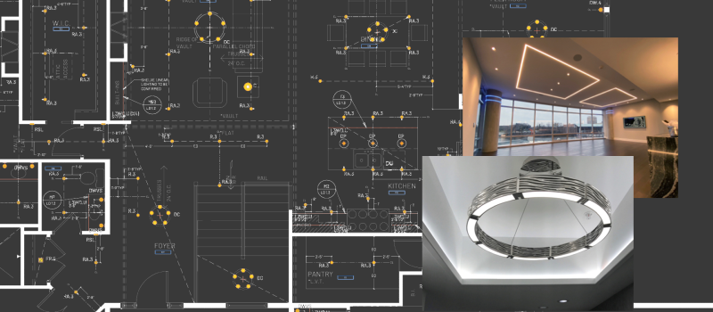 dark lighting schematic with smaller images of luxury lighting fixtures