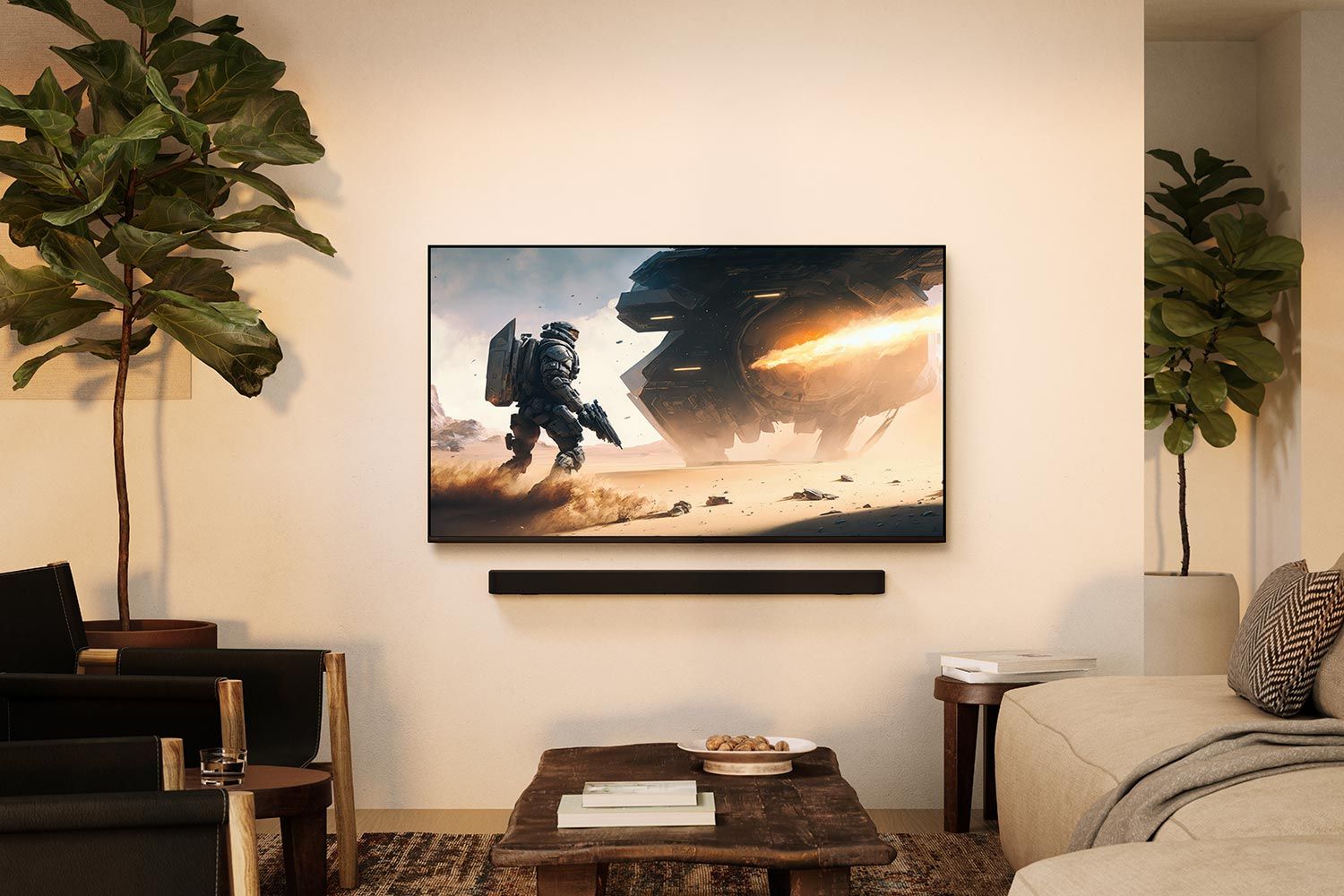 Modern living room with a large wall-mounted TV and stylish furniture.