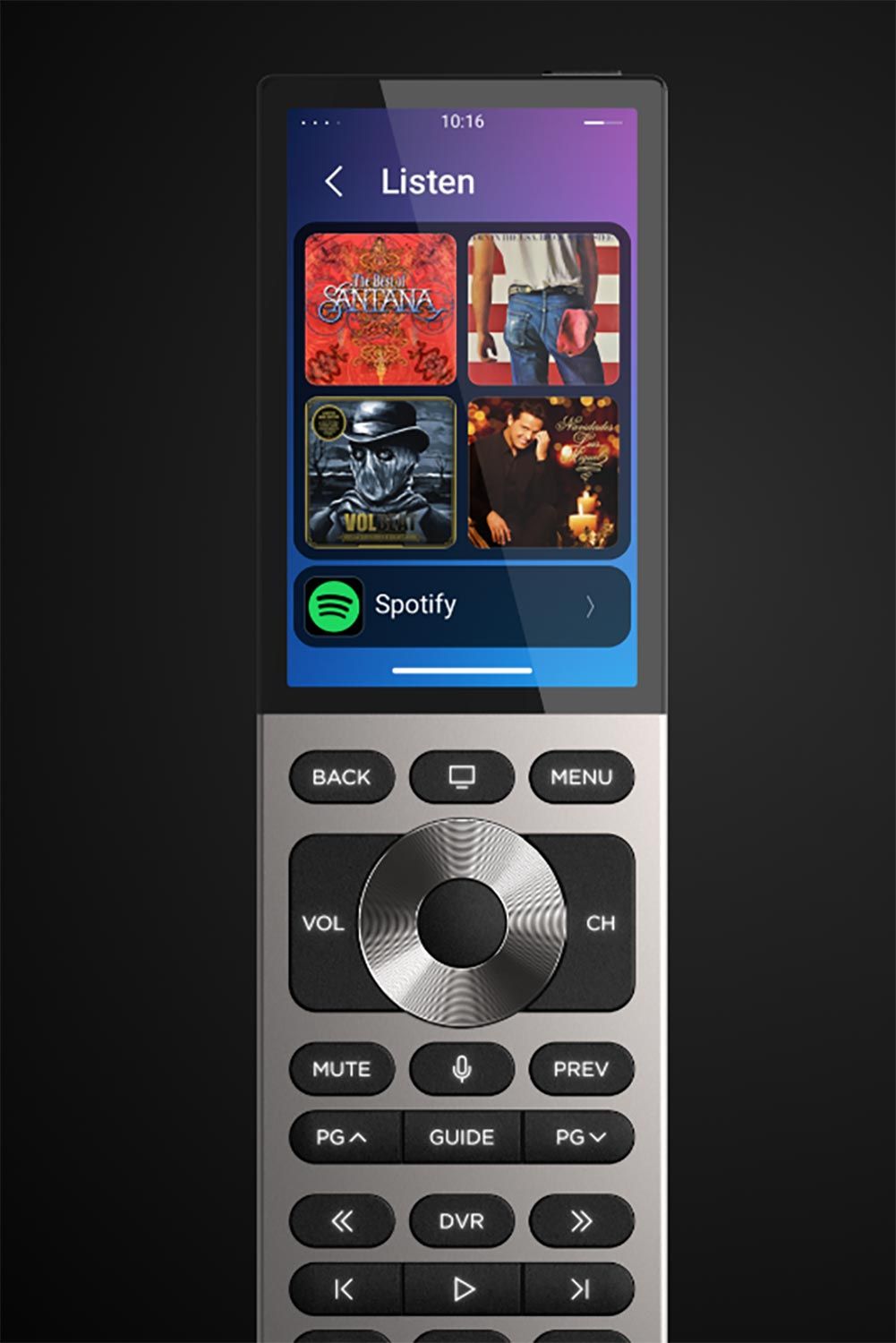 A smart Control4 Halo remote with a touchscreen interface displaying various music options and playback controls.