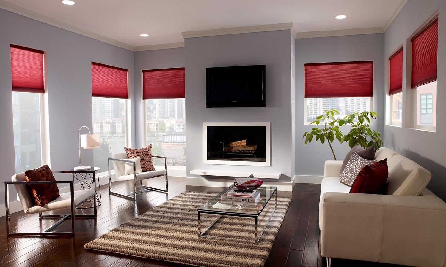 blue honeycomb shades on a window overlooking the ocean