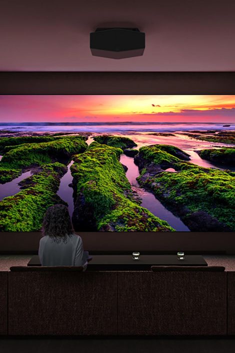 A home theater featuring a large screen displaying a vibrant landscape with green moss and sunset over water, with a person seated in the foreground.